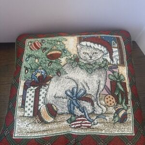 VTG tapestry Christmas-themed throw pillow featuring‎ a cat wearing a Santa hat